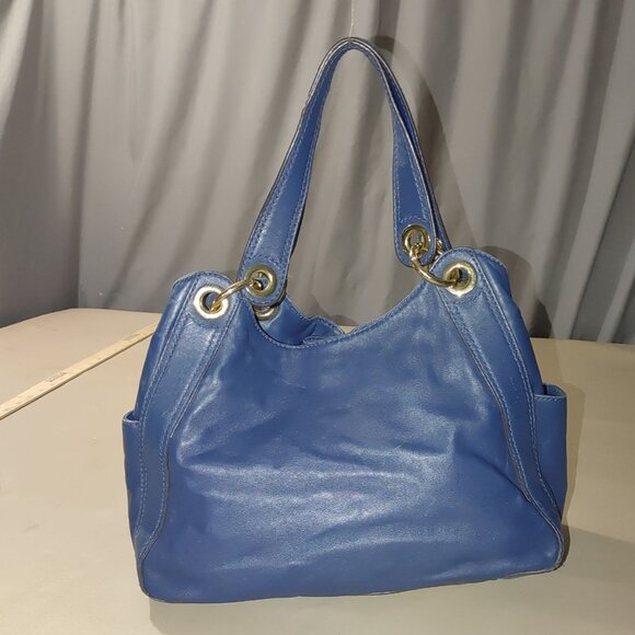 Michael Kors Ludlow Handbag Blue Soft Leather Tote Purse Gold Drawstring Details - Picture 3 of 14